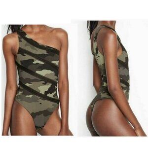 Victoria's Secret Sport Green Camo Bodysuit One Shoulder Sleeveless Size Small